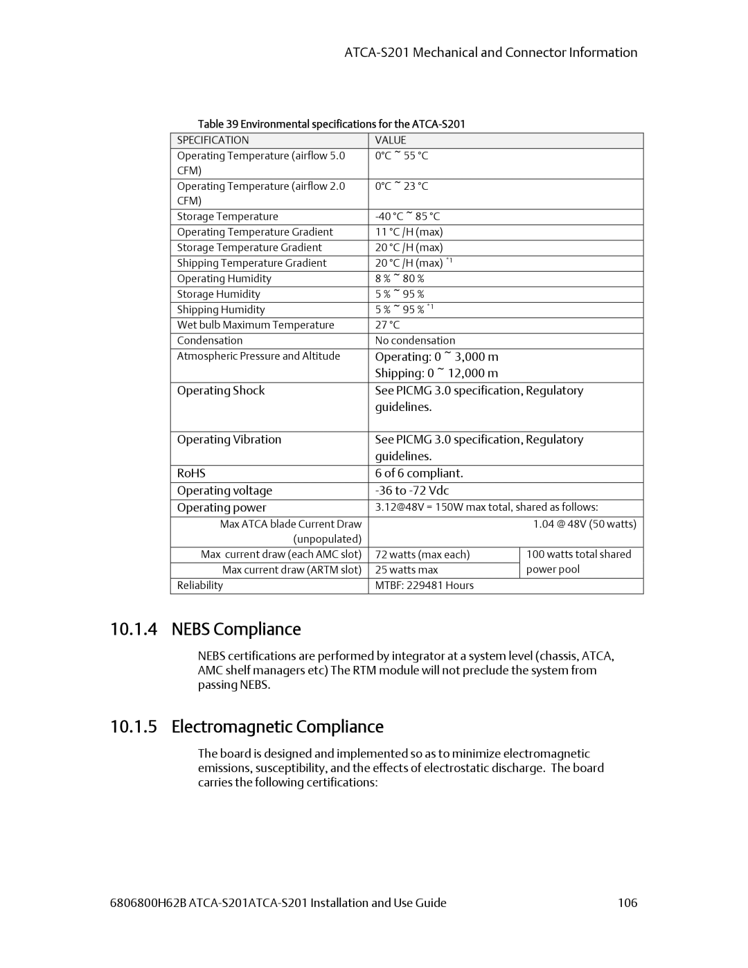 Emerson manual Nebs Compliance, Electromagnetic Compliance, Environmental specifications for the ATCA-S201, Cfm 