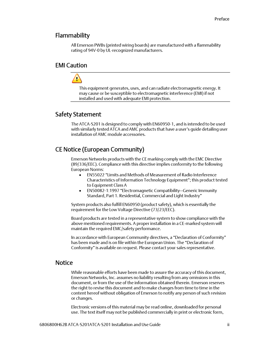 Emerson ATCA-S201 manual Flammability, EMI Caution, Safety Statement, CE Notice European Community, Preface 