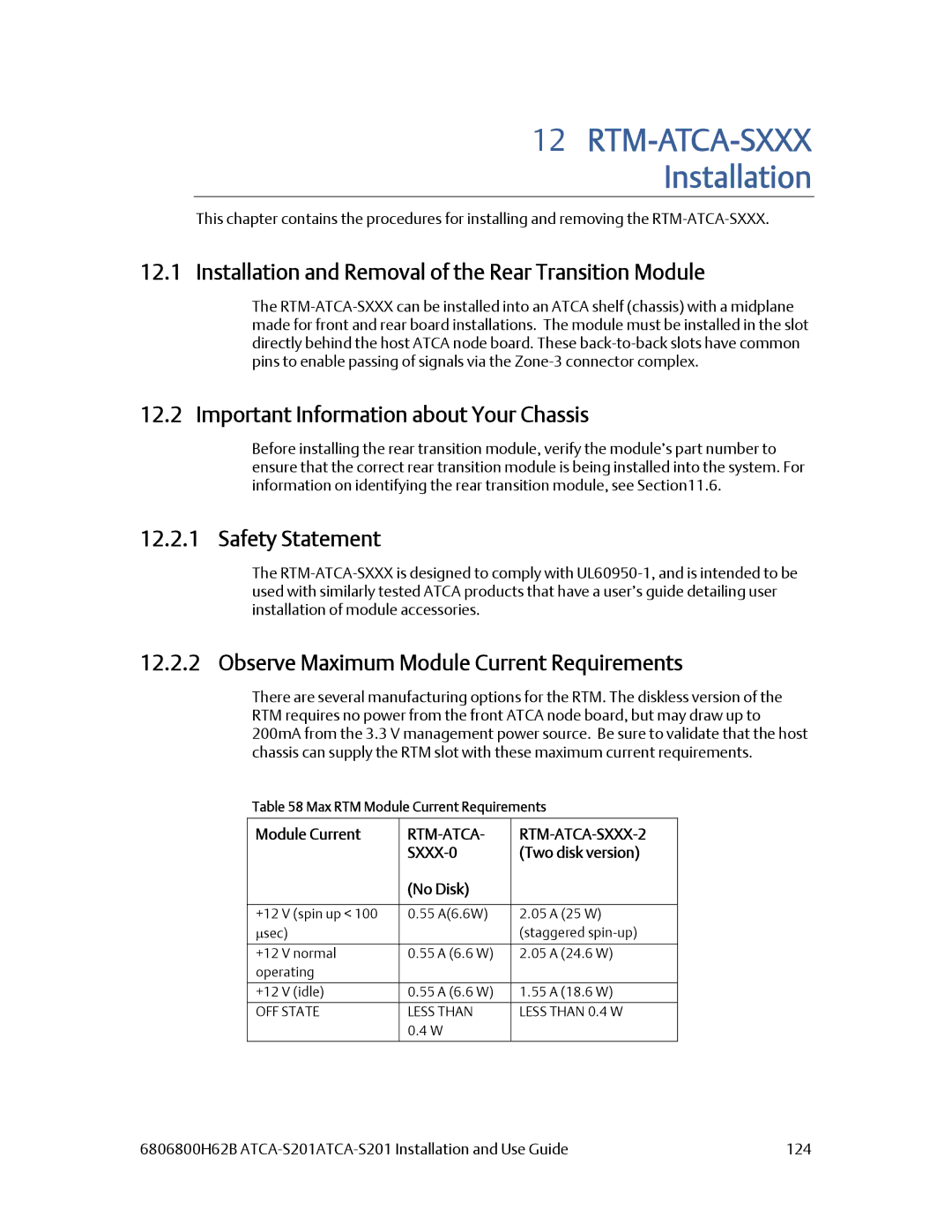 Emerson ATCA-S201 manual Installation and Removal of the Rear Transition Module, Module Current, No Disk 