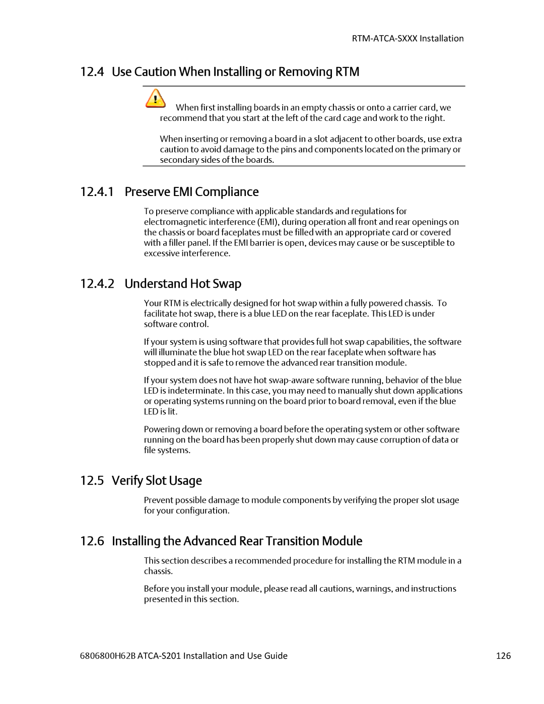 Emerson ATCA-S201 manual Use Caution When Installing or Removing RTM, Installing the Advanced Rear Transition Module 