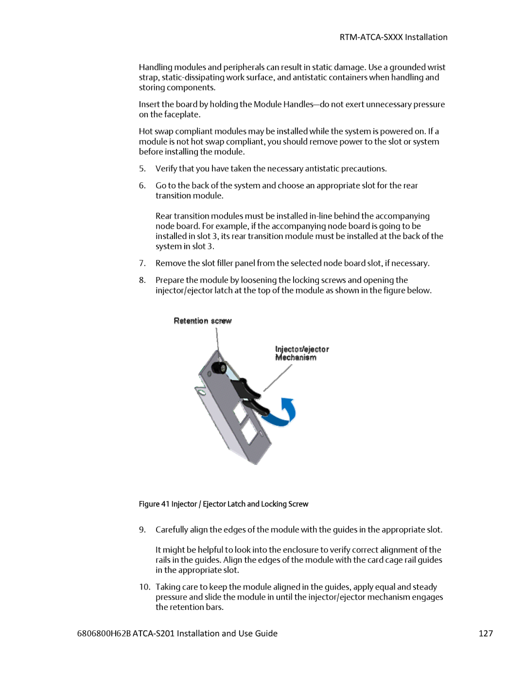 Emerson ATCA-S201 manual 6806800H62B ATCA‐S201 Installation and Use Guide 127, Injector / Ejector Latch and Locking Screw 