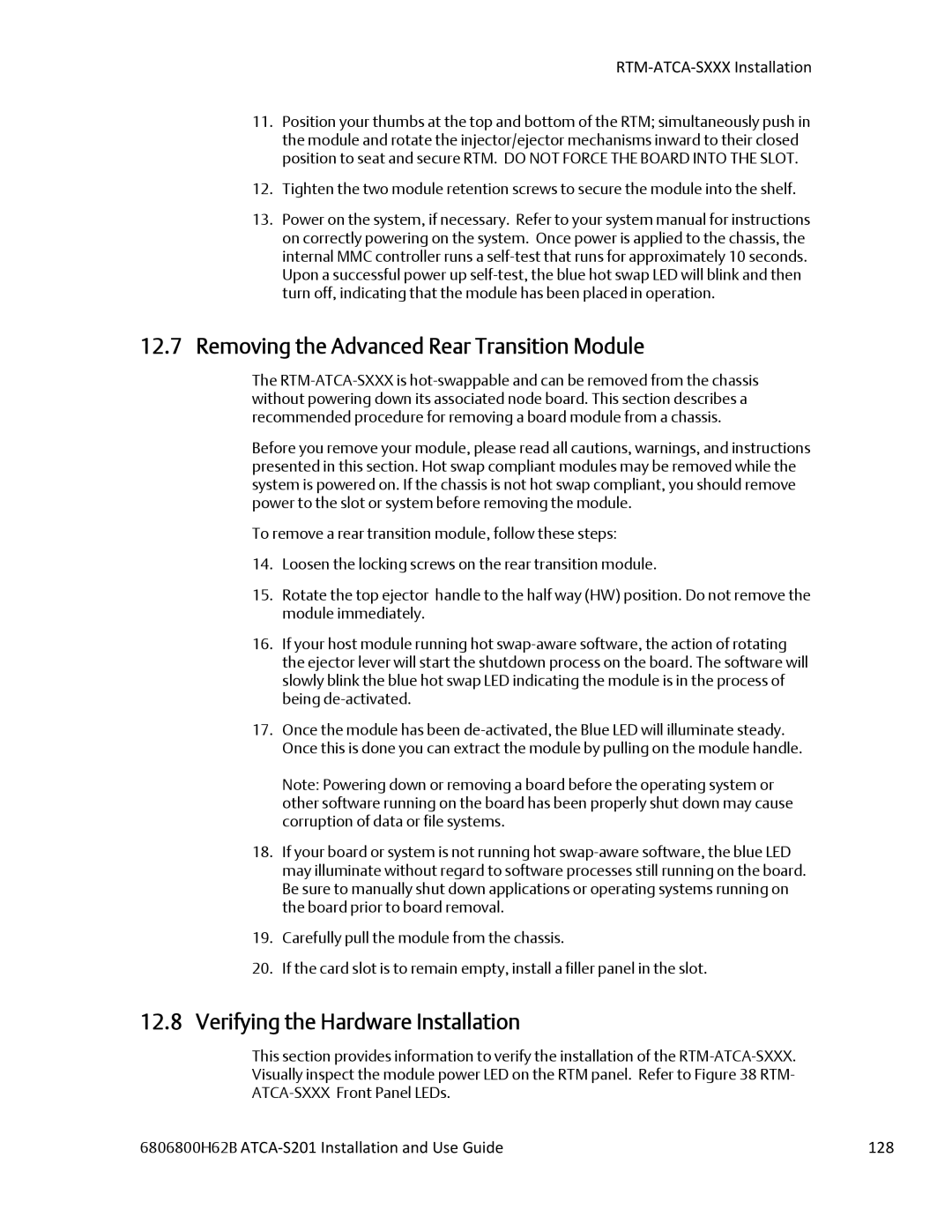 Emerson ATCA-S201 manual Removing the Advanced Rear Transition Module, 6806800H62B ATCA‐S201 Installation and Use Guide 128 