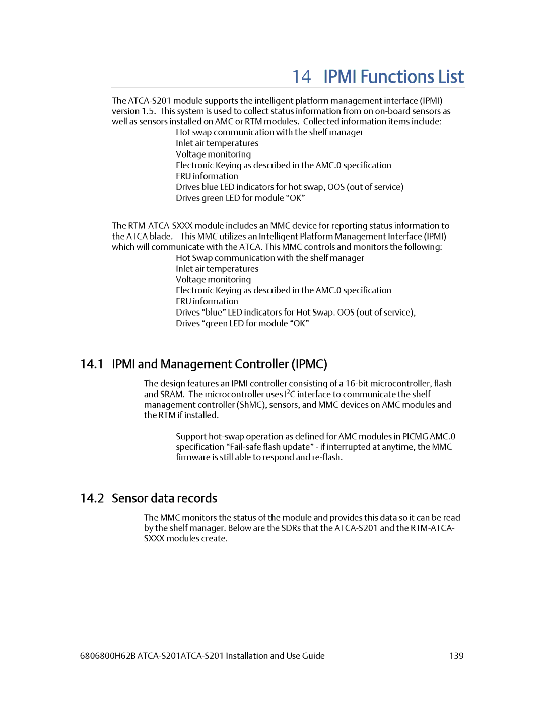 Emerson ATCA-S201 manual Ipmi Functions List, Ipmi and Management Controller Ipmc, Sensor data records 