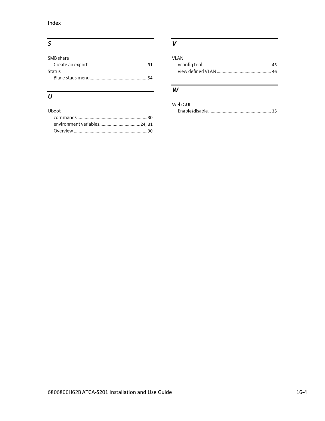 Emerson ATCA-S201 manual Index, 6806800H62B ATCA‐S201 Installation and Use Guide 16‐4, Vlan 