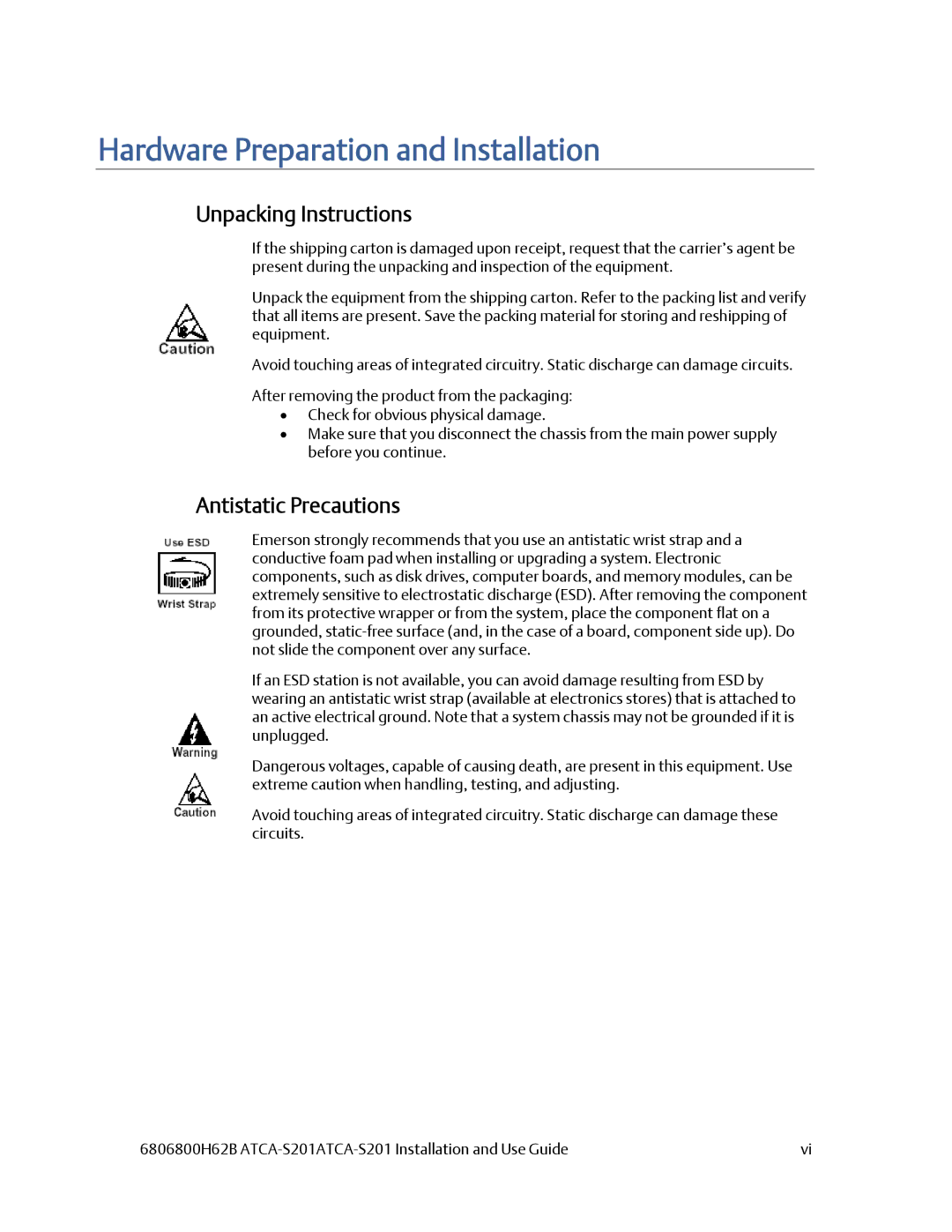 Emerson ATCA-S201 manual Hardware Preparation and Installation, Unpacking Instructions, Antistatic Precautions 