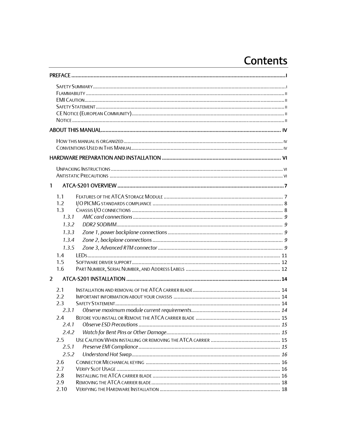 Emerson ATCA-S201 manual Contents 