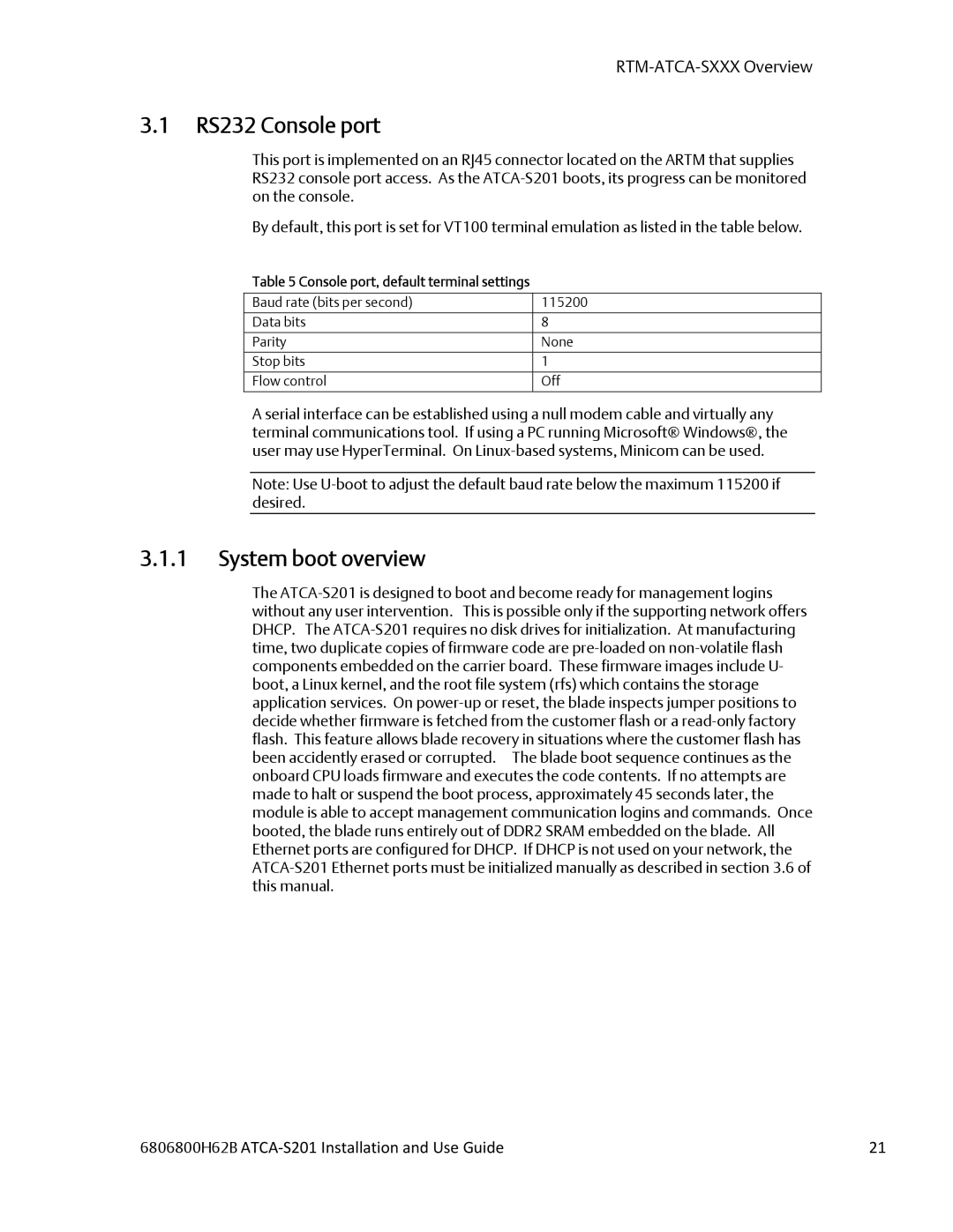 Emerson ATCA-S201 manual RS232 Console port, System boot overview 