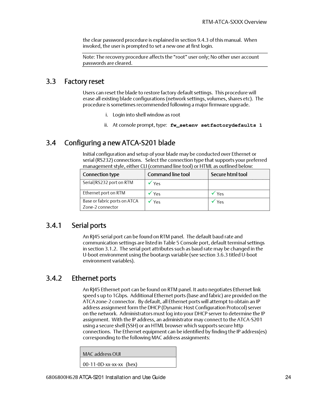 Emerson manual Factory reset, Configuring a new ATCA-S201 blade, Serial ports, Ethernet ports 