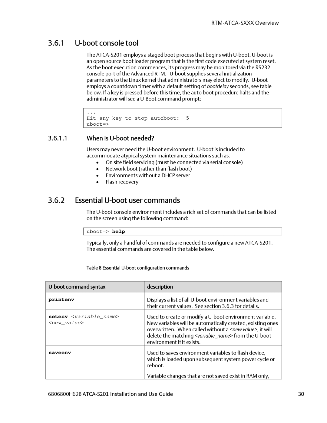 Emerson ATCA-S201 manual Boot console tool, Essential U-boot user commands, Boot command syntax Description 