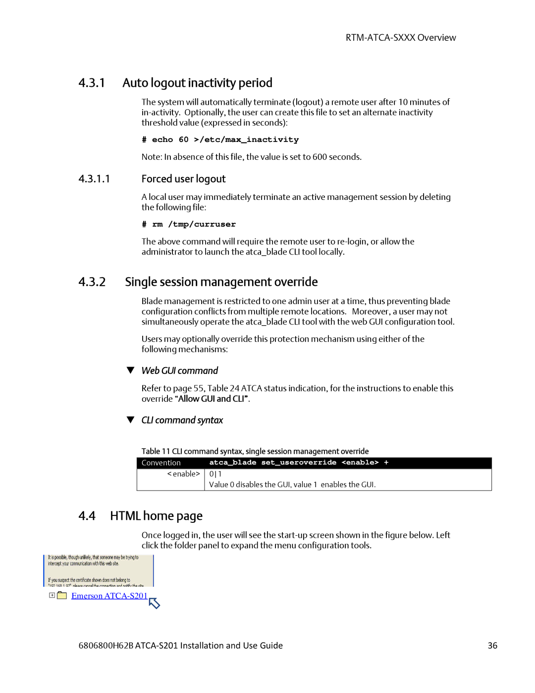 Emerson ATCA-S201 manual Auto logout inactivity period, Single session management override, Html home,  Web GUI command 