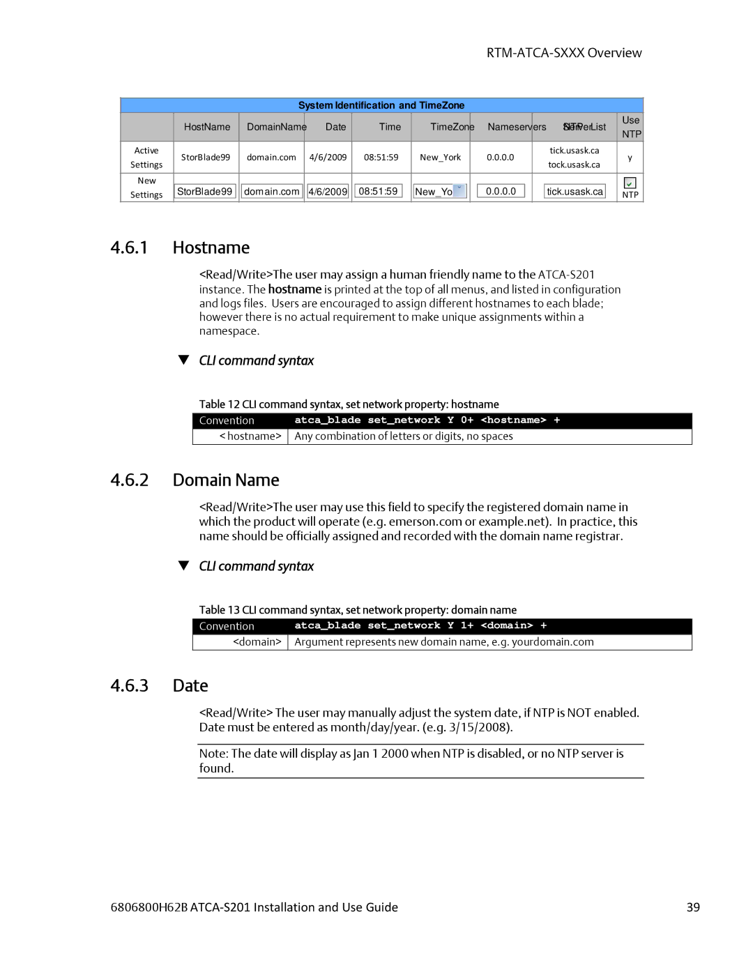 Emerson ATCA-S201 manual Hostname, Domain Name, Date, CLI command syntax, set network property hostname 