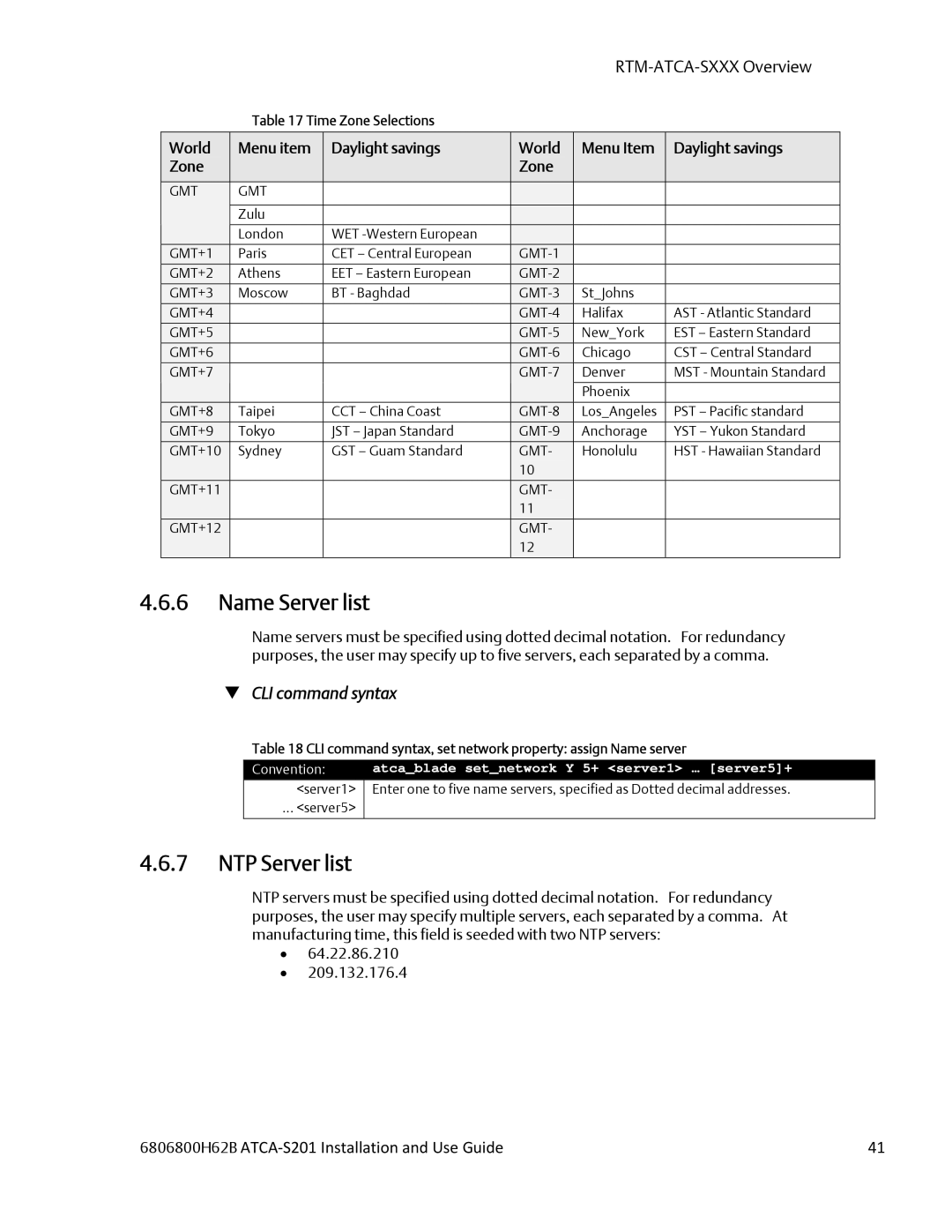 Emerson ATCA-S201 Name Server list, NTP Server list, World Menu item Daylight savings Menu Item Zone, Time Zone Selections 