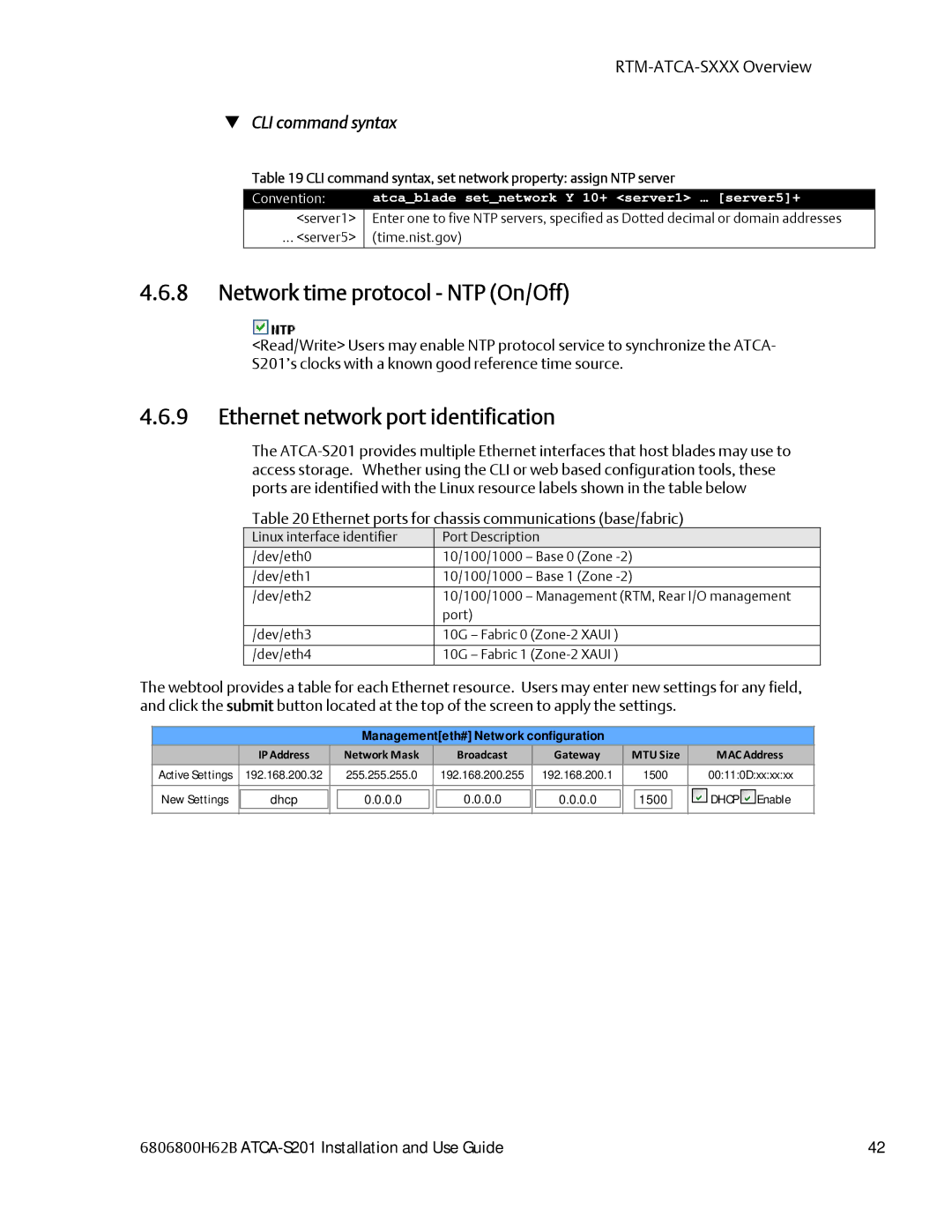 Emerson ATCA-S201 manual Network time protocol NTP On/Off, Ethernet network port identification 