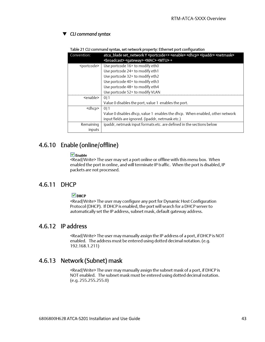 Emerson ATCA-S201 manual Enable online/offline, Dhcp, IP address, Network Subnet mask 