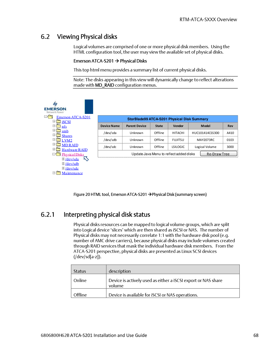 Emerson manual Viewing Physical disks, Interpreting physical disk status, Emerson ATCA-S201  Physical Disks 