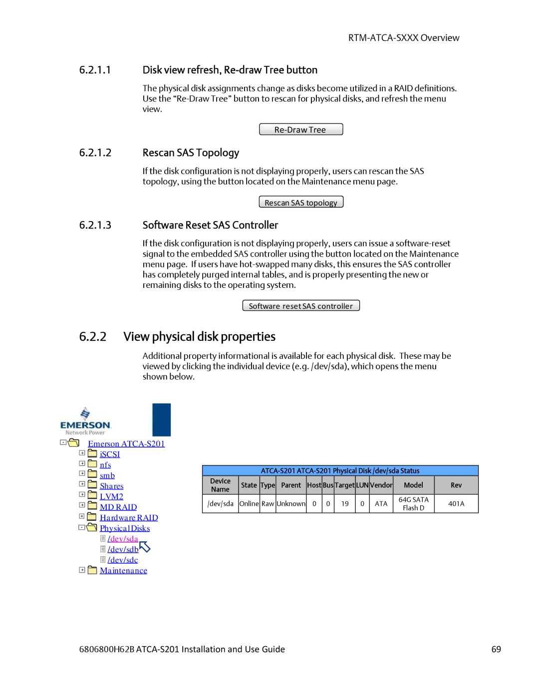 Emerson ATCA-S201 manual View physical disk properties, Disk view refresh, Re-draw Tree button 