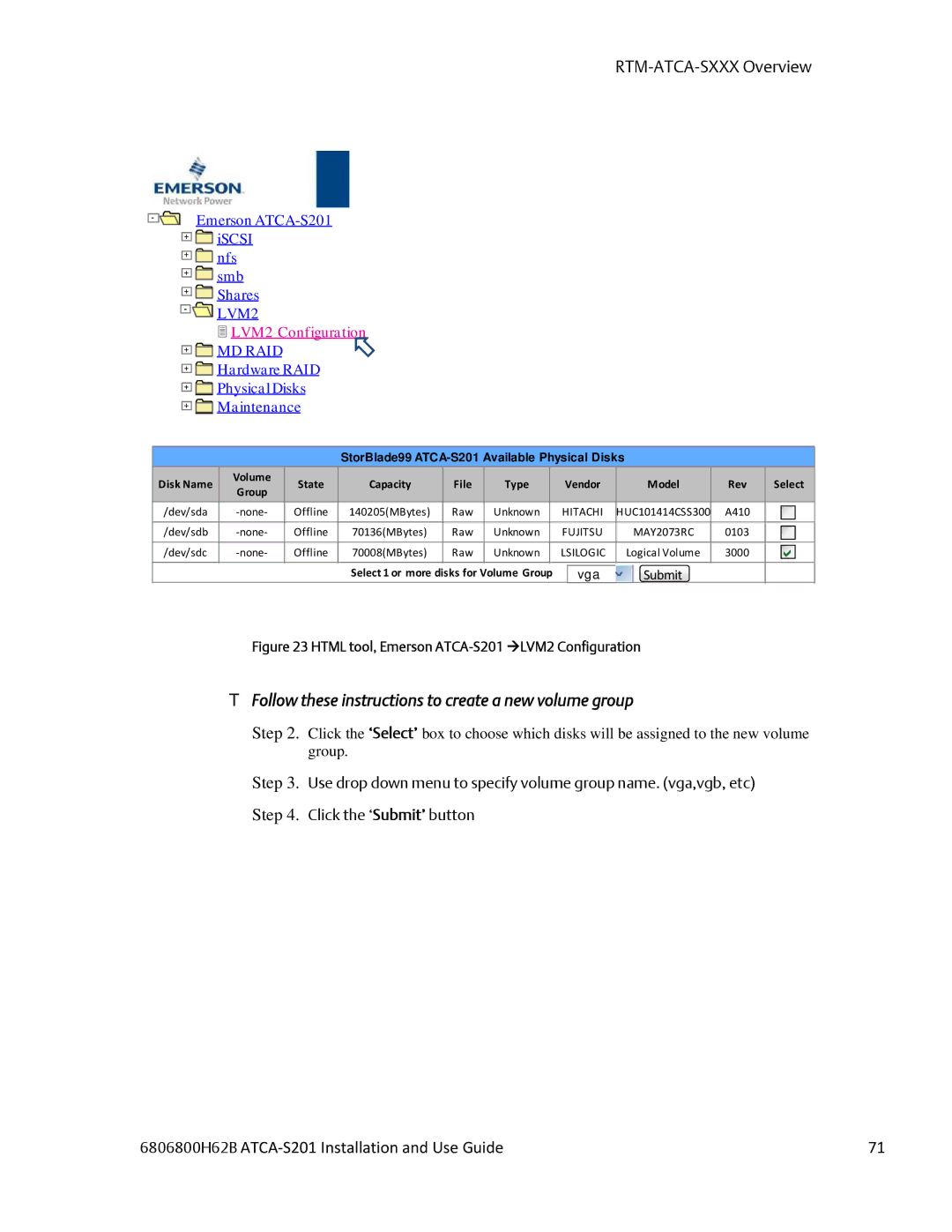 Emerson ATCA-S201 manual  Follow these instructions to create a new volume group 