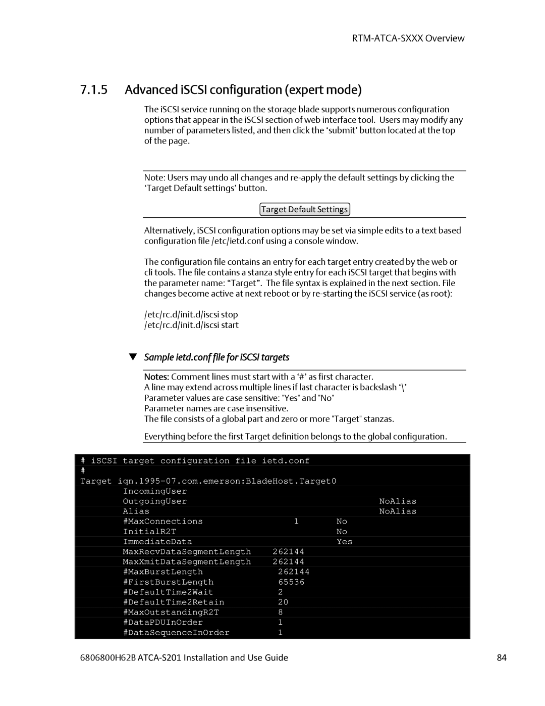 Emerson ATCA-S201 manual Advanced iSCSI configuration expert mode,  Sample ietd.conf file for iSCSI targets 