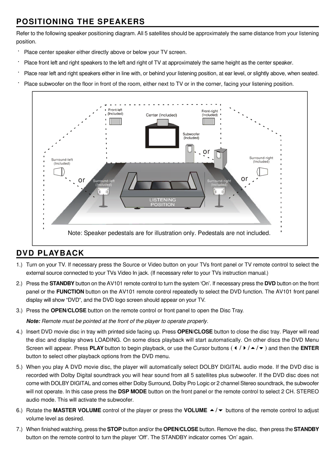 Emerson AV101 setup guide Positioning the Speakers, DVD Playback 