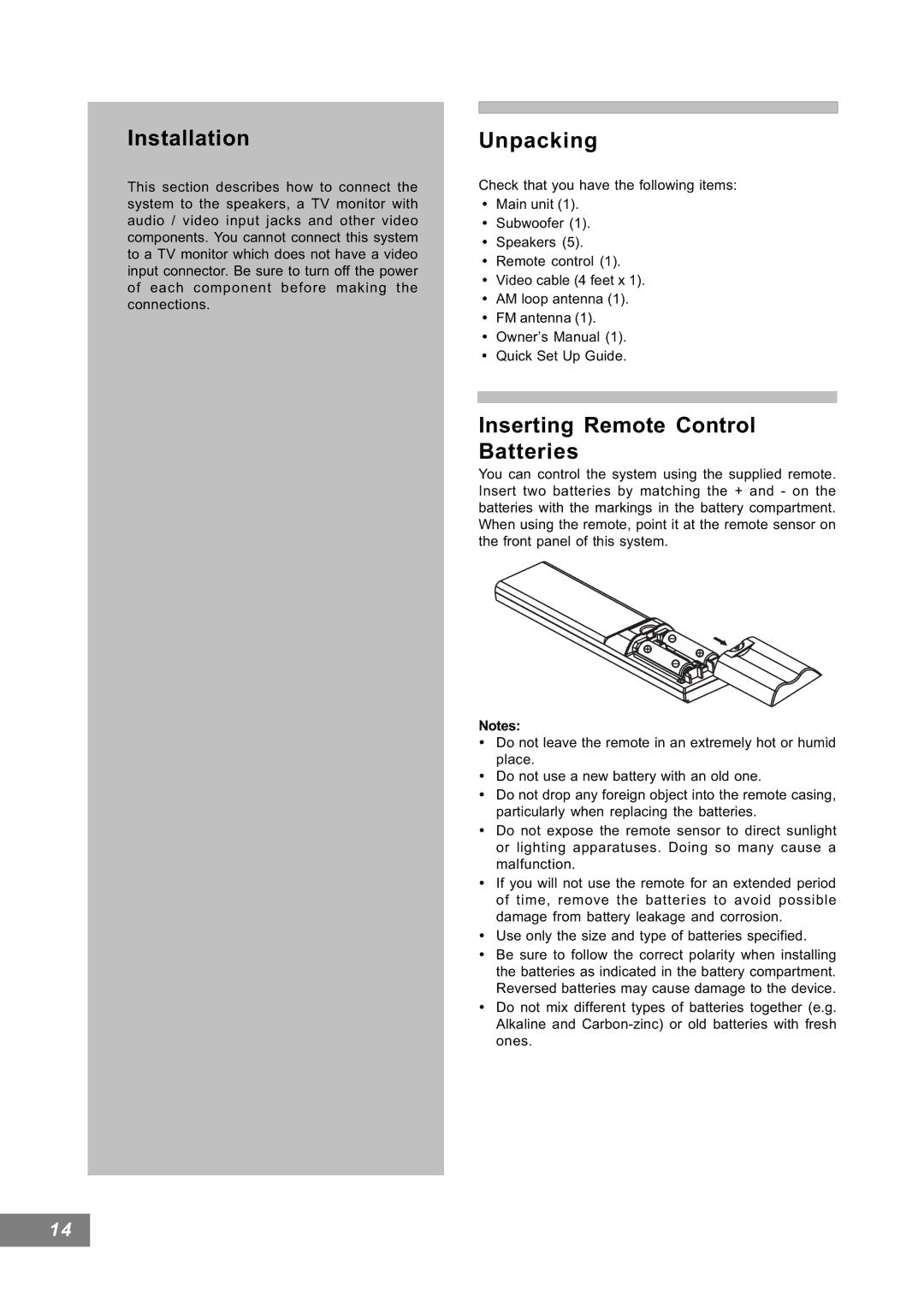 Emerson AV101 manual Installation, Unpacking, Inserting Remote Control Batteries 