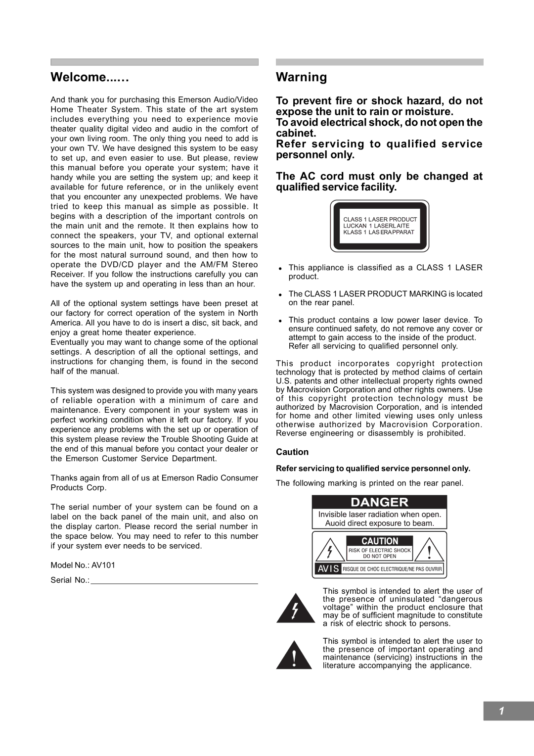 Emerson AV101 manual Welcome...… 