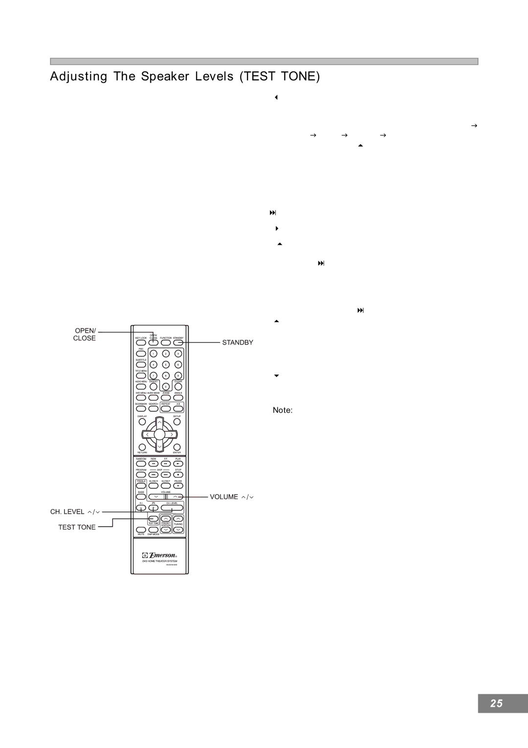 Emerson AV101 manual Adjusting The Speaker Levels Test Tone 