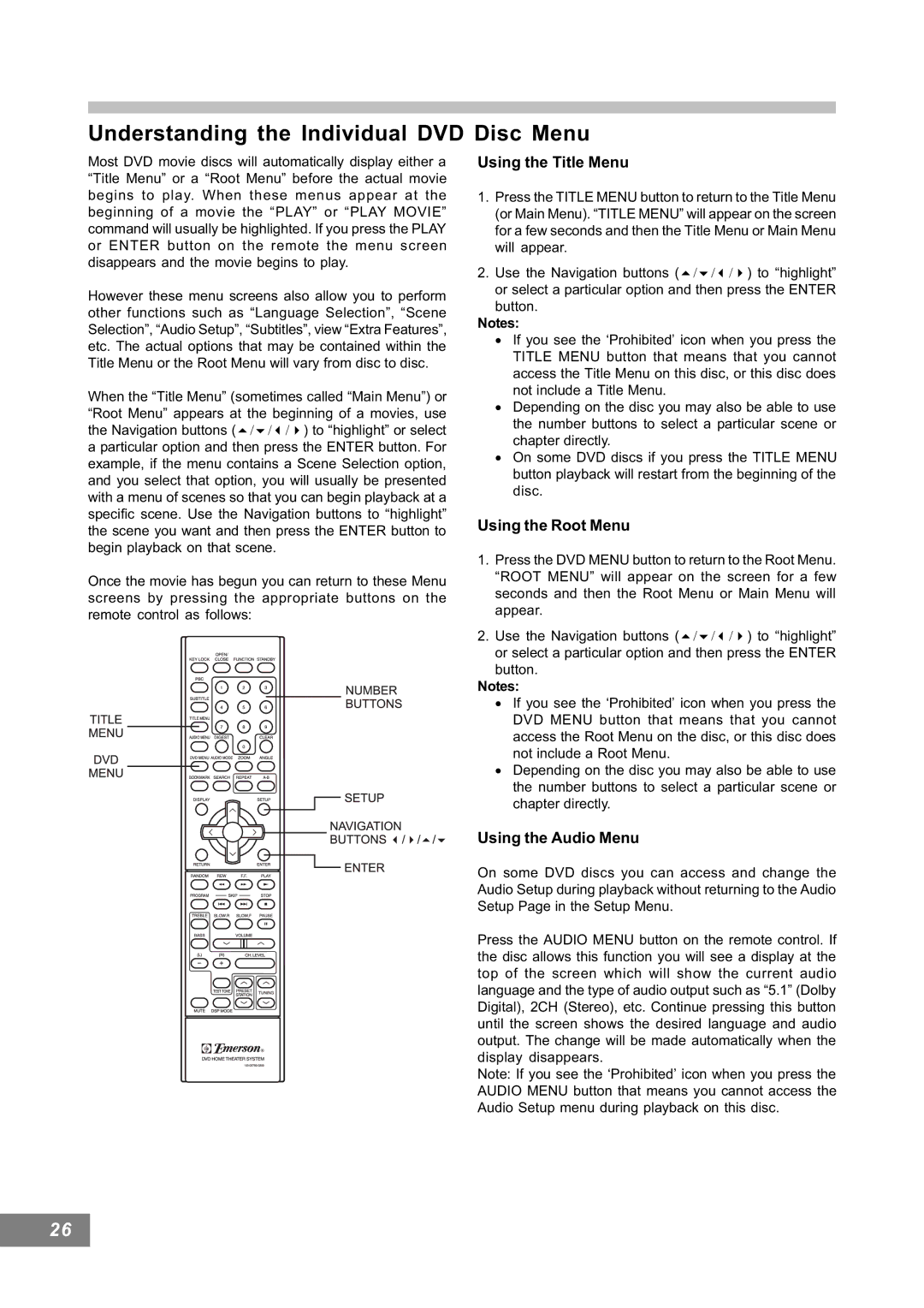 Emerson AV101 manual Understanding the Individual DVD Disc Menu, Using the Title Menu 