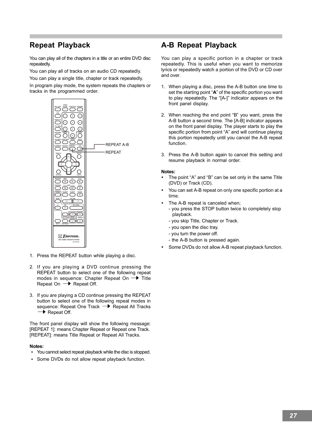 Emerson AV101 manual Repeat Playback, Sequence Repeat One Track Repeat All Tracks Repeat Off 