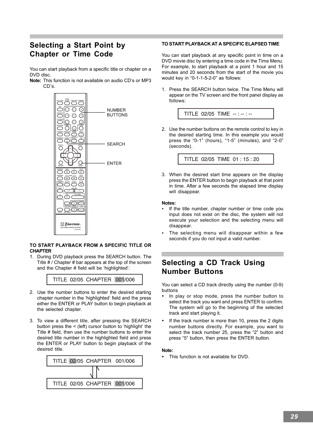 Emerson AV101 manual Selecting a Start Point by Chapter or Time Code, Selecting a CD Track Using Number Buttons 