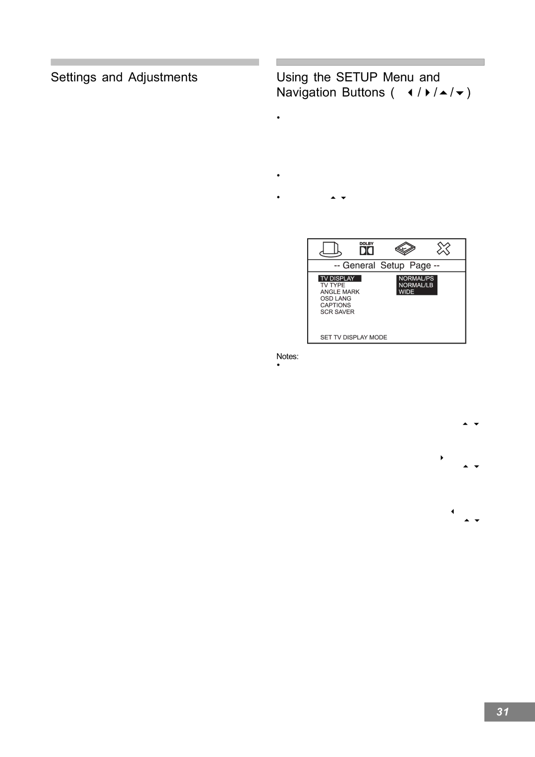 Emerson AV101 manual Settings and Adjustments, Using the Setup Menu and Navigation Buttons 3/4/5/6 