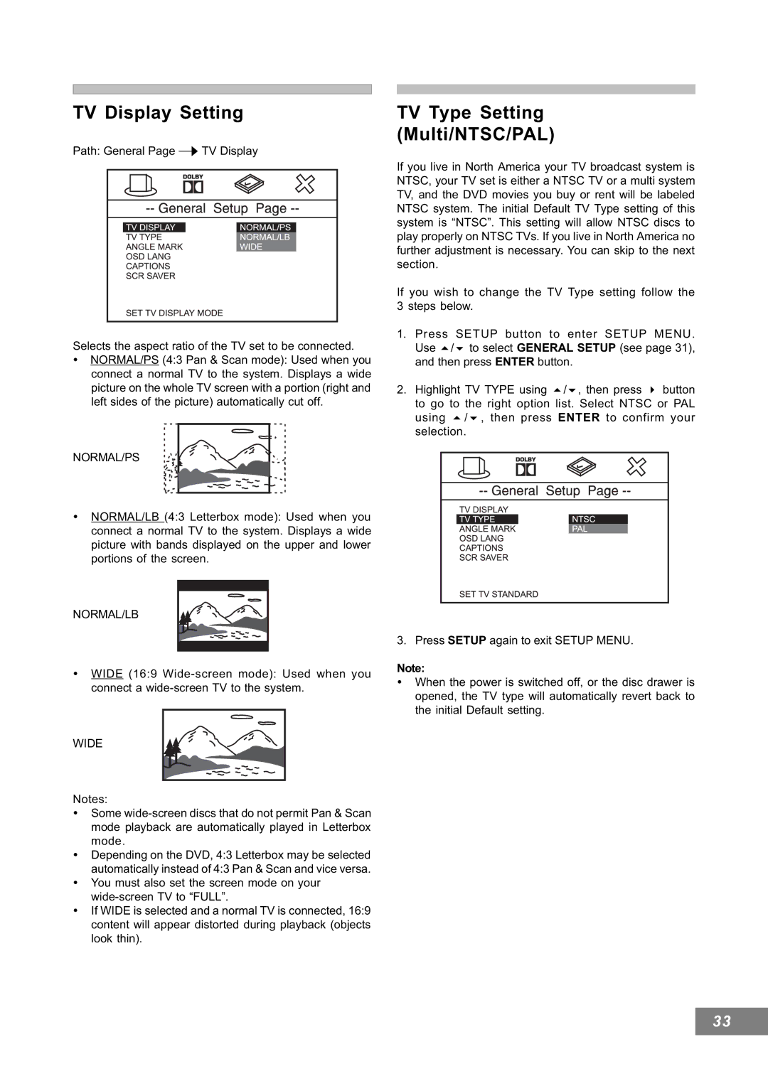 Emerson AV101 manual TV Display Setting, TV Type Setting Multi/NTSC/PAL 