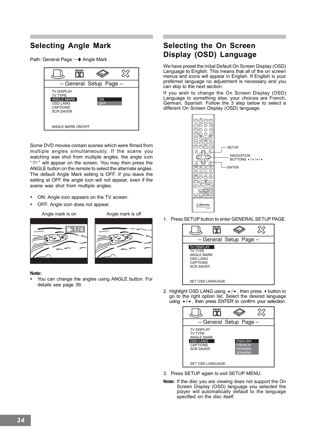 Emerson AV101 manual Selecting Angle Mark, Selecting the On Screen Display OSD Language 