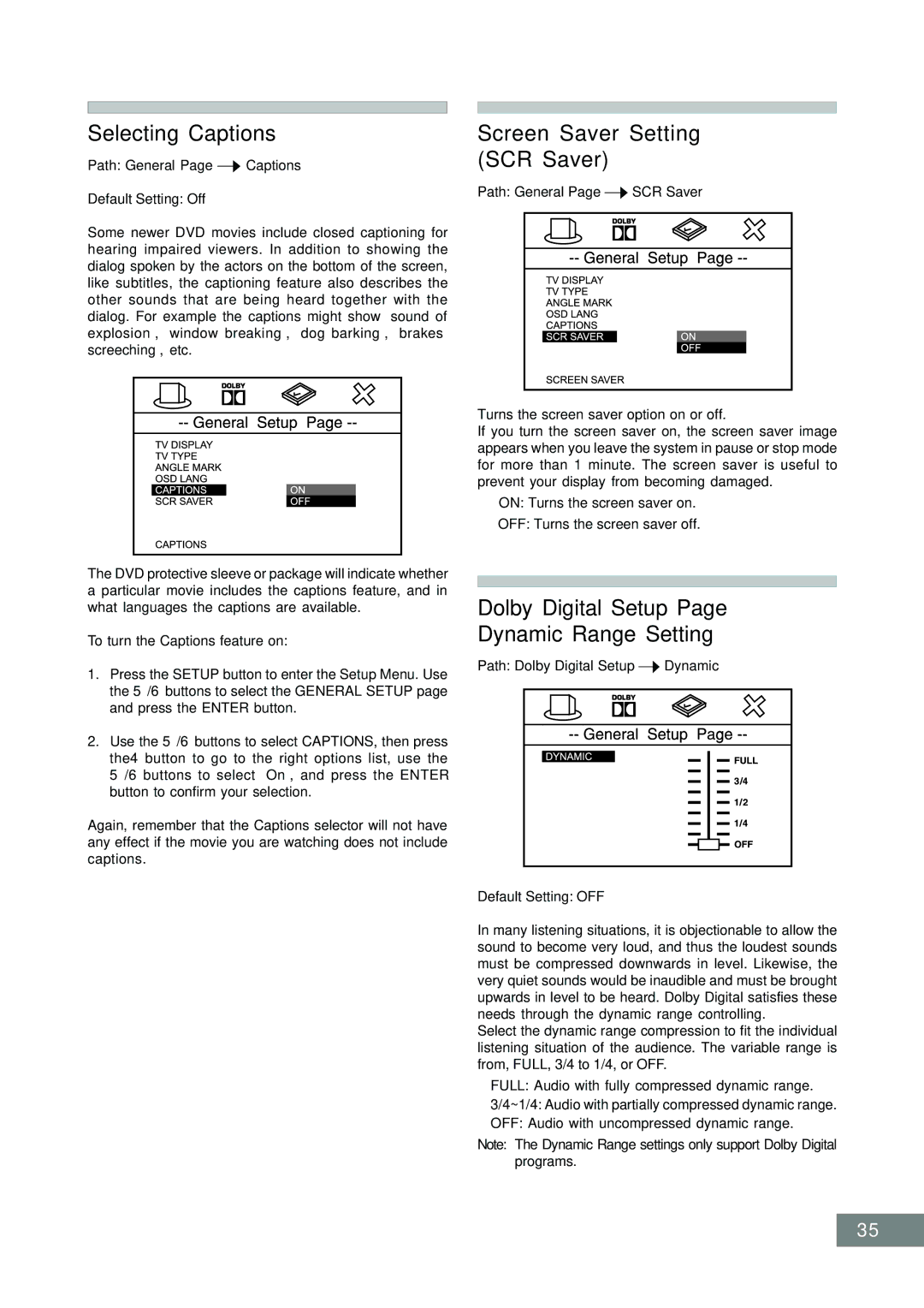 Emerson AV101 manual Selecting Captions Screen Saver Setting, SCR Saver, Dolby Digital Setup Dynamic Range Setting 