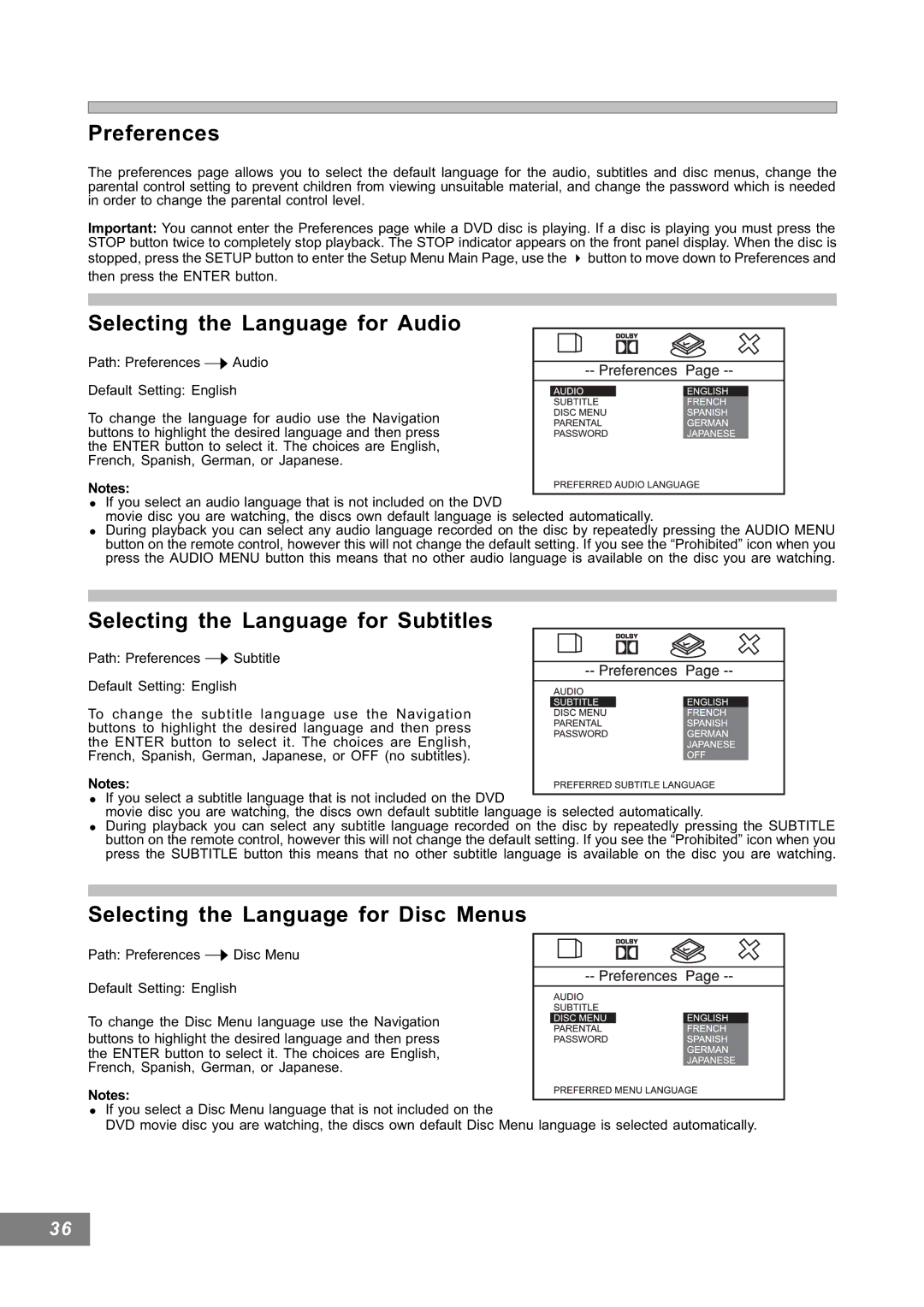 Emerson AV101 manual Preferences, Selecting the Language for Audio, Selecting the Language for Subtitles 