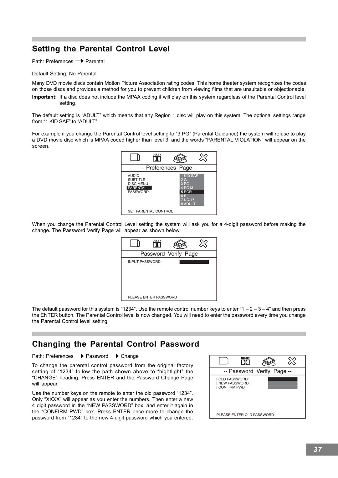 Emerson AV101 manual Setting the Parental Control Level, Changing the Parental Control Password 