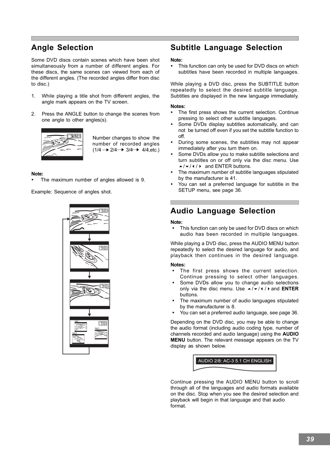 Emerson AV101 manual Angle Selection, Subtitle Language Selection, Audio Language Selection 