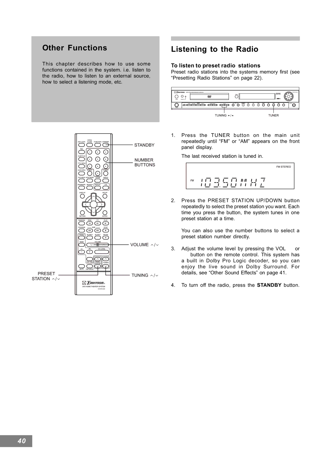 Emerson AV101 manual Other Functions, Listening to the Radio 