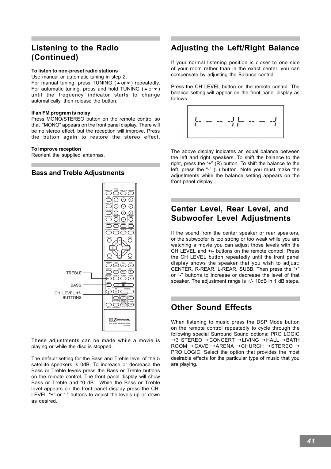 Emerson AV101 manual Adjusting the Left/Right Balance, Center Level, Rear Level, and Subwoofer Level Adjustments 