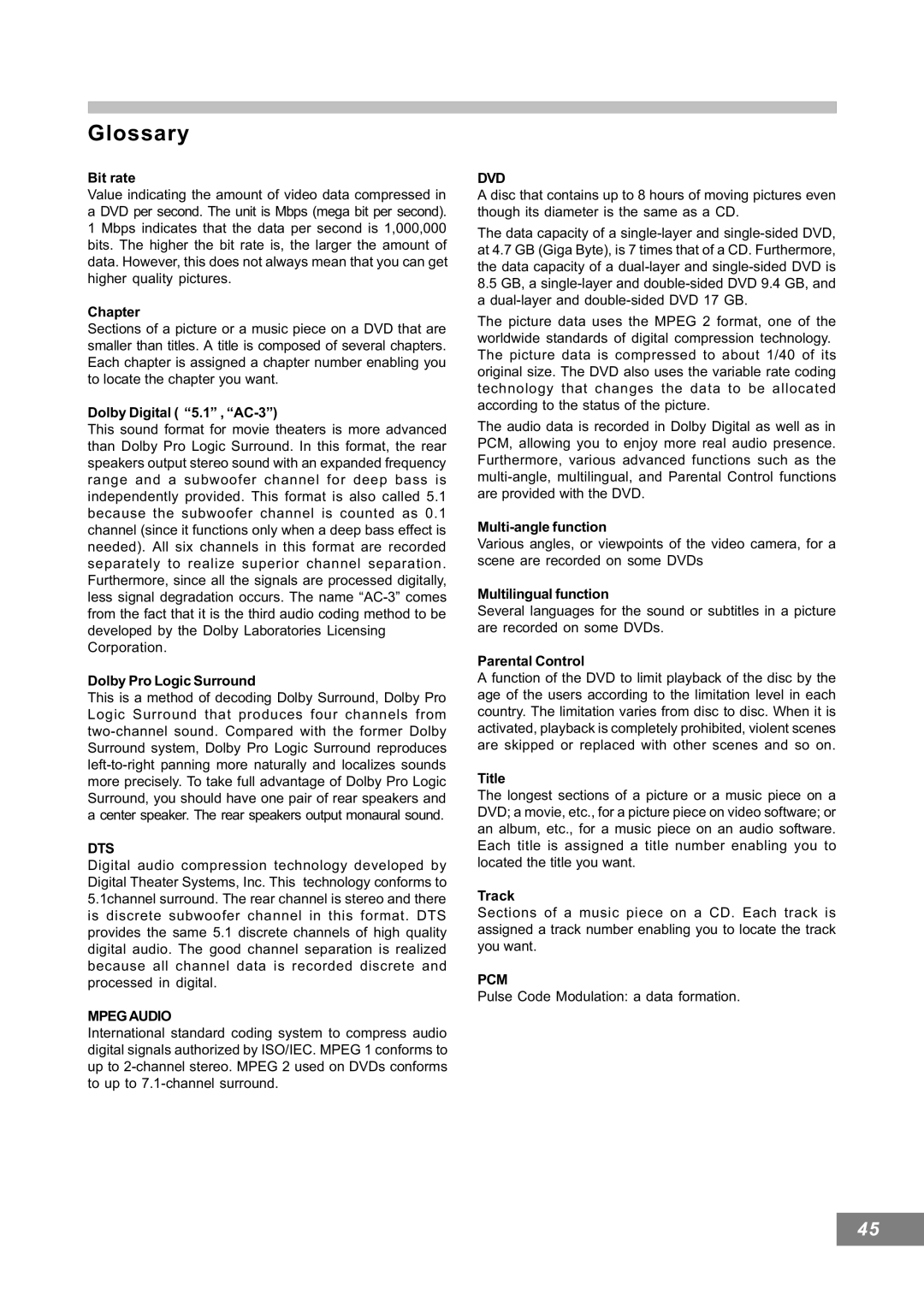 Emerson AV101 manual Glossary, Dts 