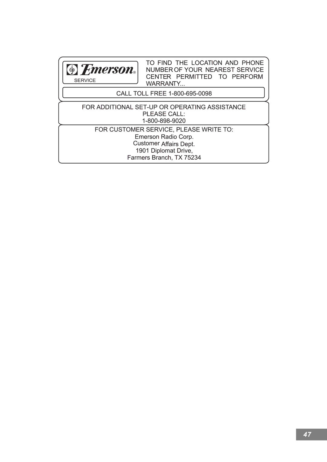 Emerson AV101 manual 