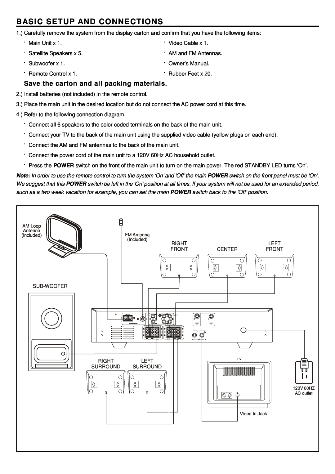 Emerson AV101 setup guide Basic Setup And Connections, Save the carton and all packing materials 