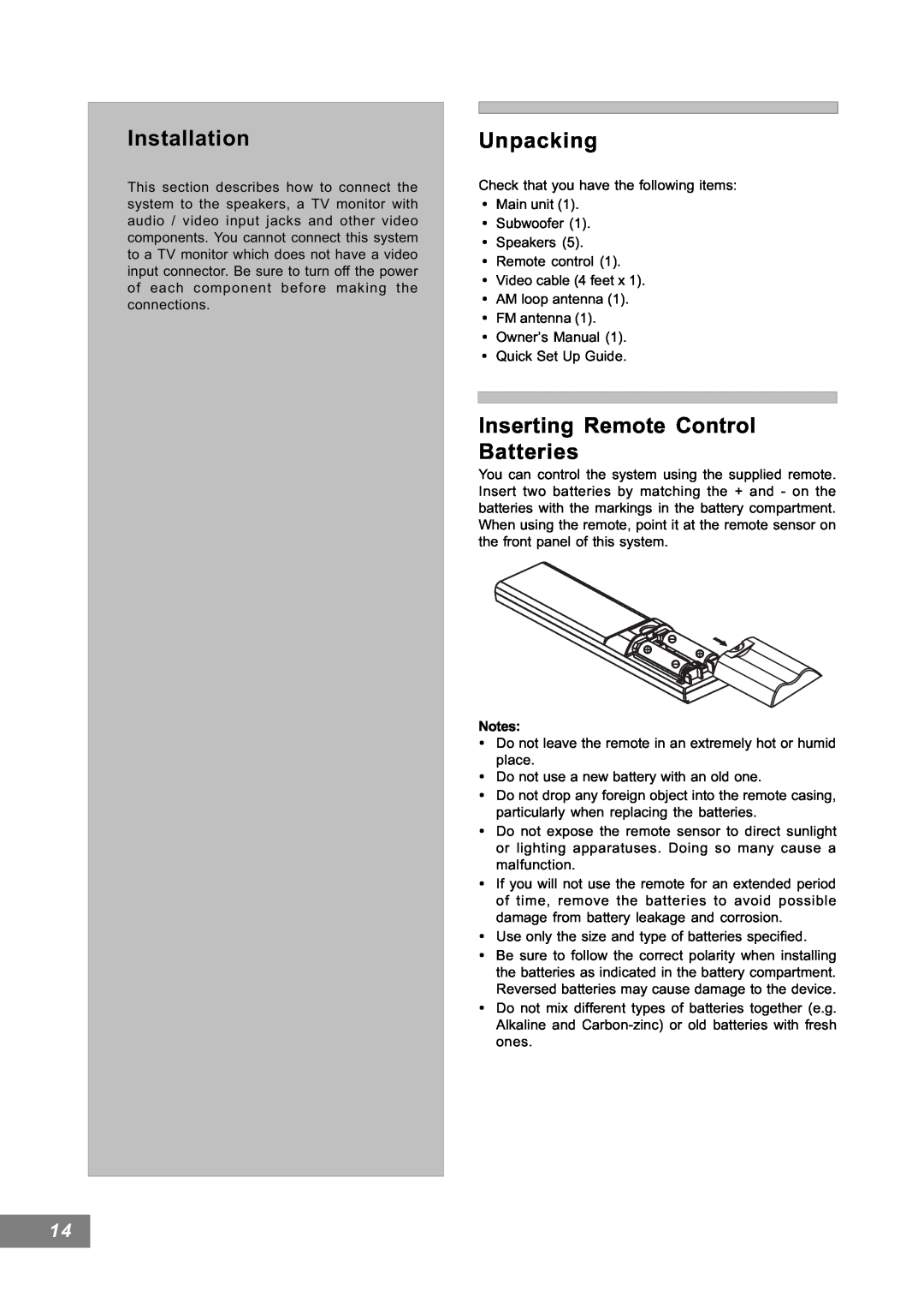 Emerson AV101 manual Installation, Unpacking, Inserting Remote Control Batteries 