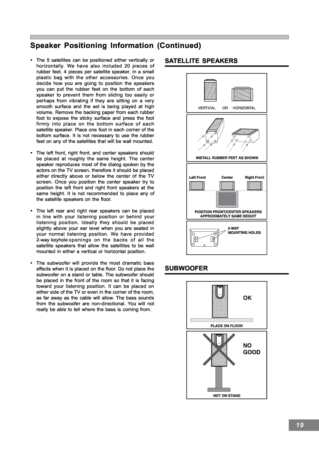 Emerson AV101 manual Speaker Positioning Information Continued, Satellite Speakers, Subwoofer 