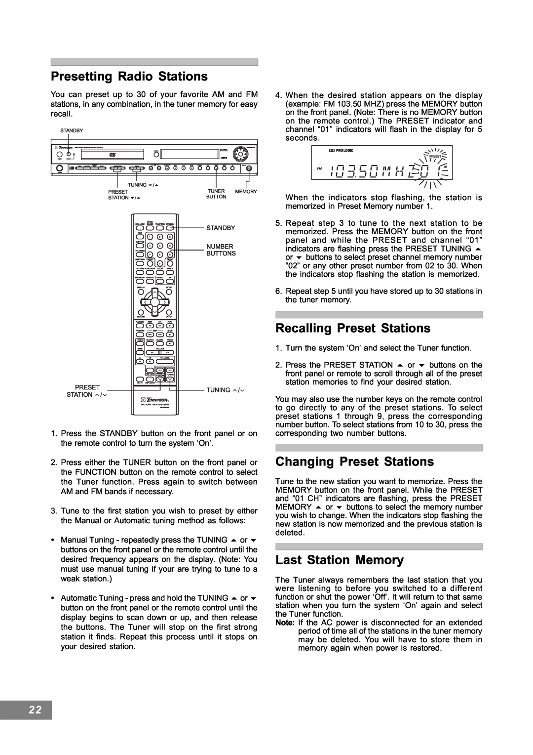 Emerson AV101 manual Presetting Radio Stations, Recalling Preset Stations, Changing Preset Stations, Last Station Memory 