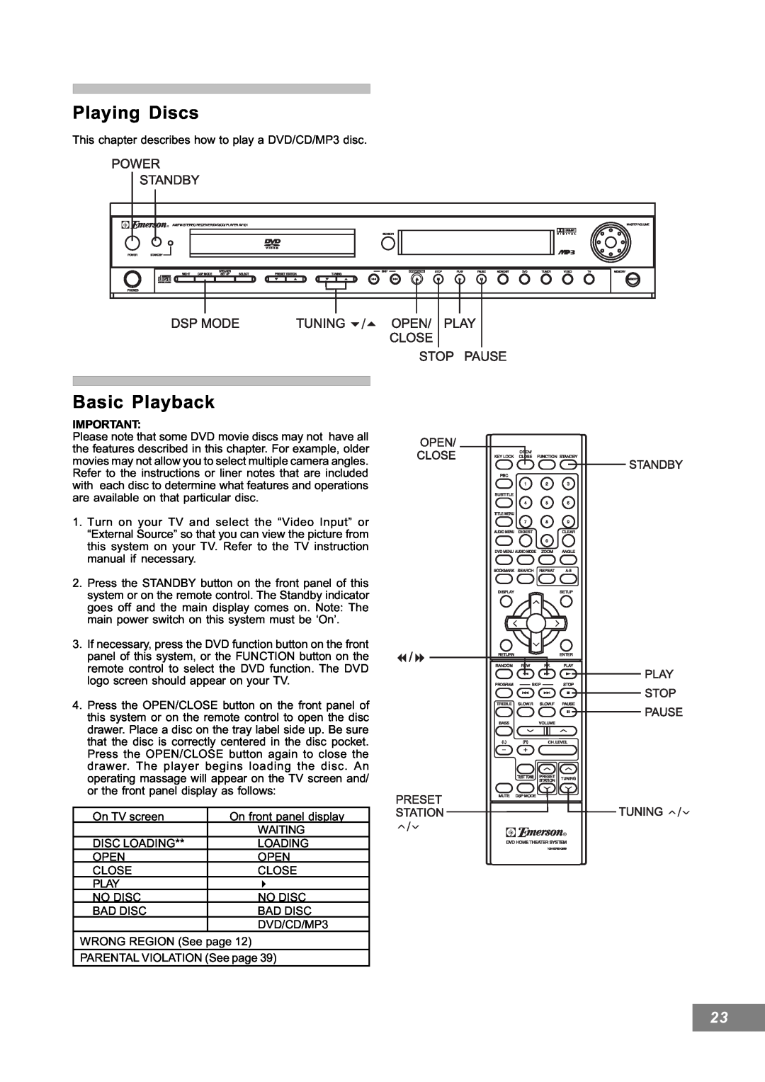 Emerson AV101 manual Playing Discs, Basic Playback 
