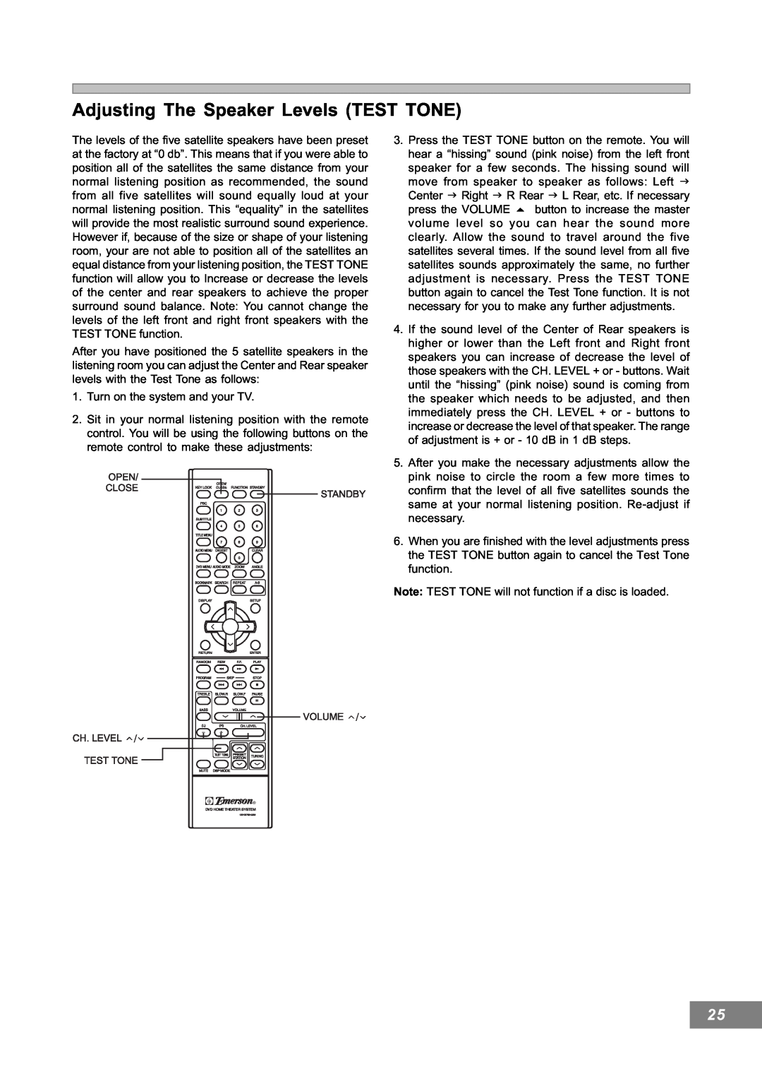 Emerson AV101 manual Adjusting The Speaker Levels TEST TONE 