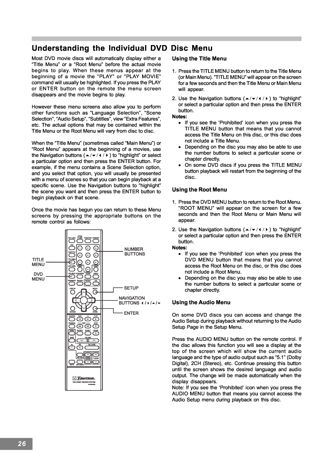 Emerson AV101 Understanding the Individual DVD Disc Menu, Using the Title Menu, Using the Root Menu, Using the Audio Menu 