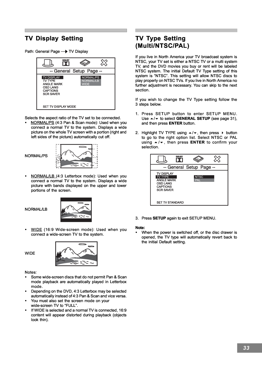 Emerson AV101 manual TV Display Setting, TV Type Setting Multi/NTSC/PAL 