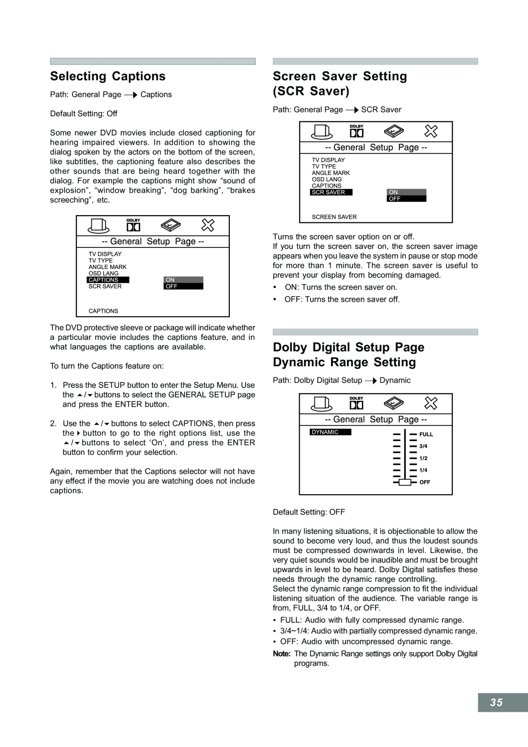 Emerson AV101 manual Selecting Captions, Screen Saver Setting, SCR Saver, Dolby Digital Setup Page Dynamic Range Setting 