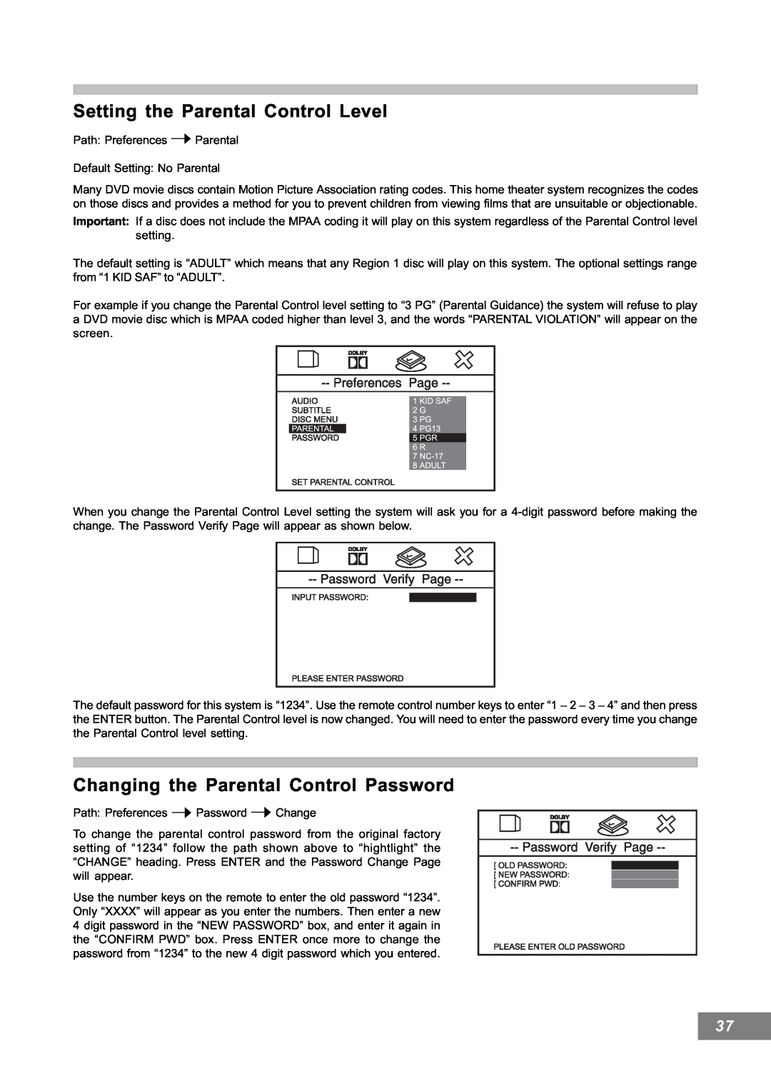 Emerson AV101 manual Setting the Parental Control Level, Changing the Parental Control Password 